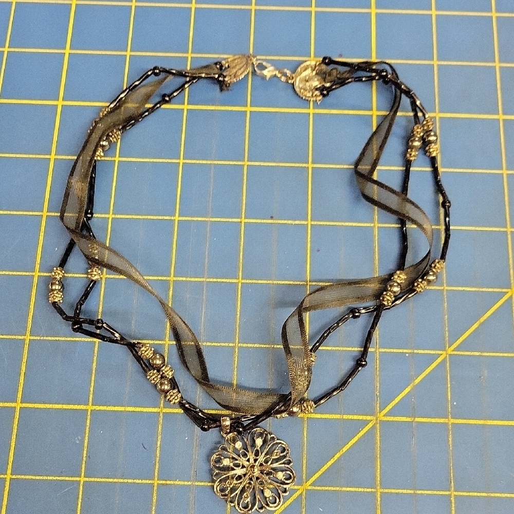 Vintage Black & Silver Beaded Black Sheer Silver Tone Rhinestone 18" Necklace
